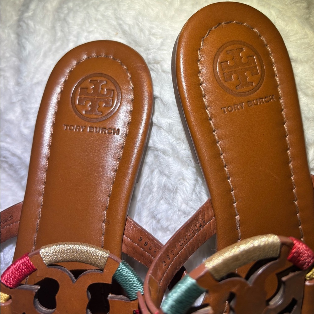 Tory Burch Miller Embroidered Brown Leather Thong Sandals - Picture 5 of 8